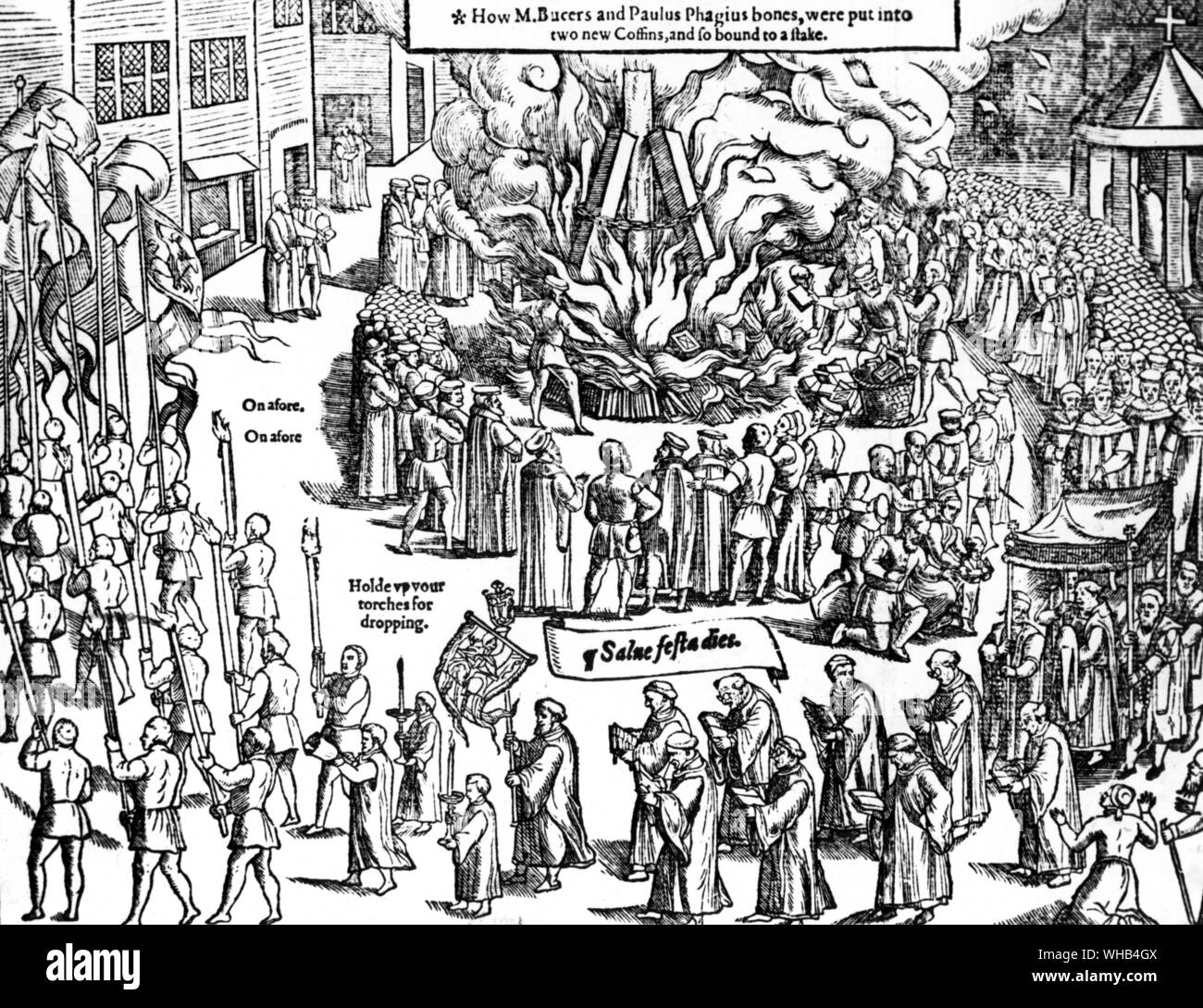 The burning of heretics and unauthorised books in the 16th Century. Engraving from the Book of Martyrs by John Foxe . First Edition 1563. Stock Photo