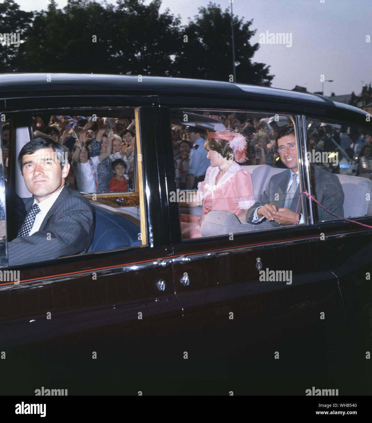 Prince and Princess of Wales drive from Romsey Station to Broadlands on 29 July 1981 after their wedding at St. Pauls.. Stock Photo