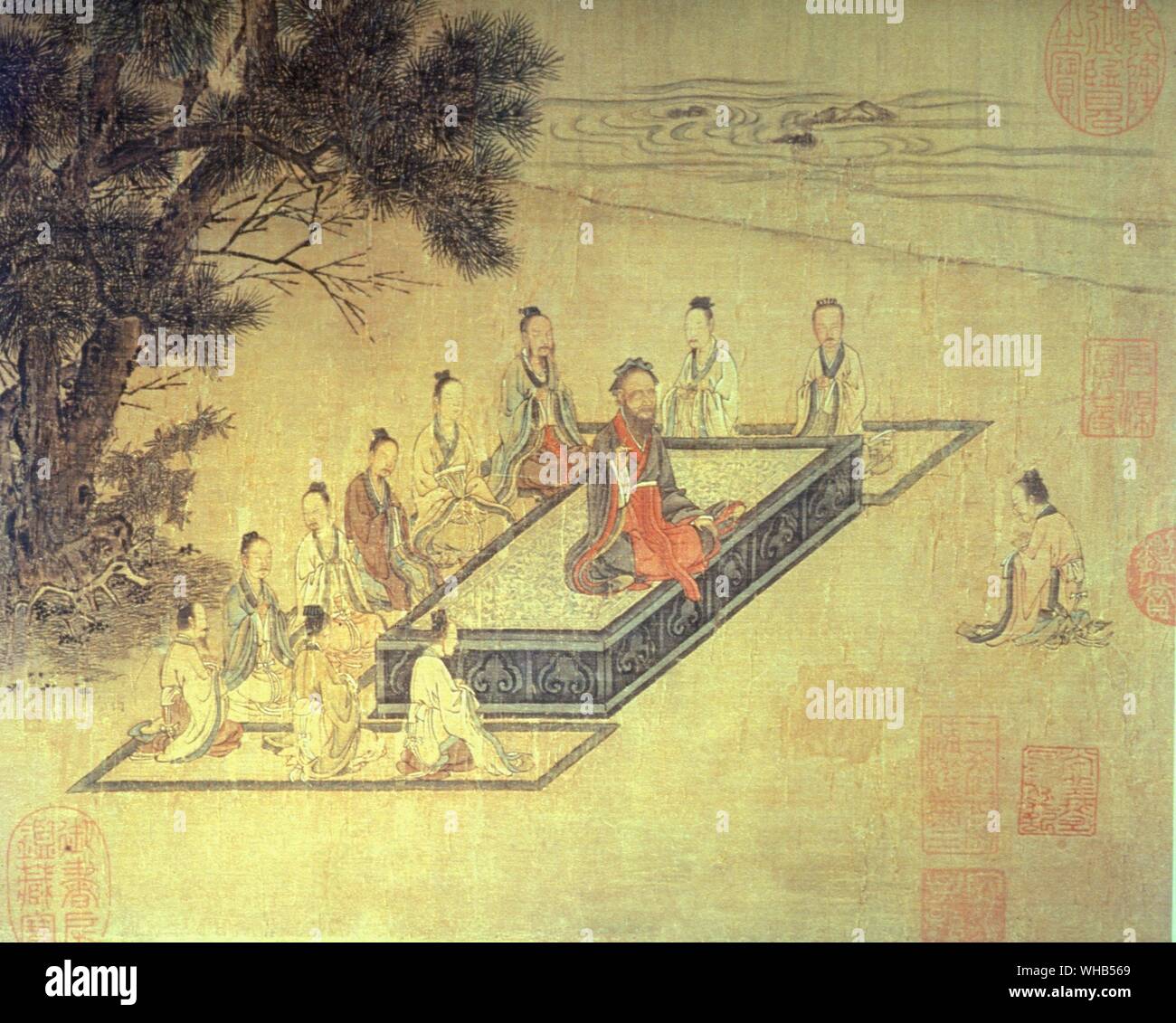 Chinese graphic silk painting - Confucius as Teacher . Stock Photo