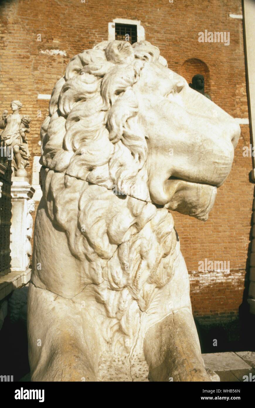 One of the stone lions at the Venetial Arsenal. The lions on each side of the entrance, a triumphal arch in the Renaissance style, came from Greece, booty brought back by Francesco Morosoni in the 17th century. Of the two lions, the larger one stood guard over the port of Piraeus while its fellow stood on the road from Athens to Eleusis.. Stock Photo