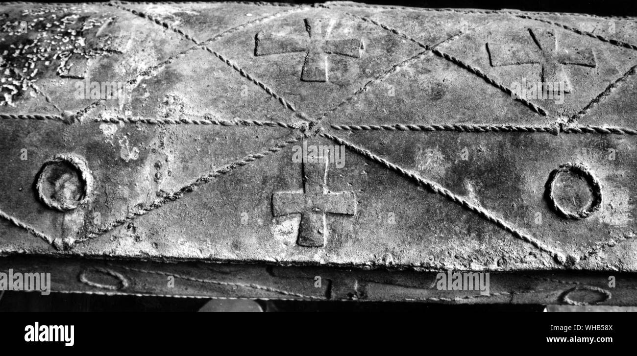 Jerusalem. Detail of an early christian coffin with crucifix and Roman emblems.. Stock Photo