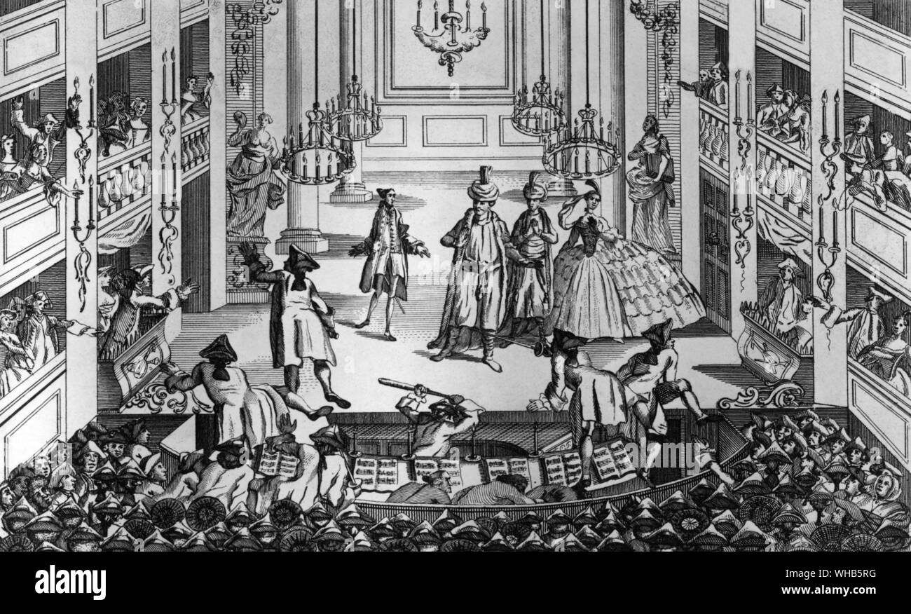 Riot at Covent Garden Theatre ( The Fitzgigio Riots ) at performances of Artaxerxes ( with Tenducci singing ) when the management refused to let those who came a t half time to enter for half price . 24 February 1763. Stock Photo