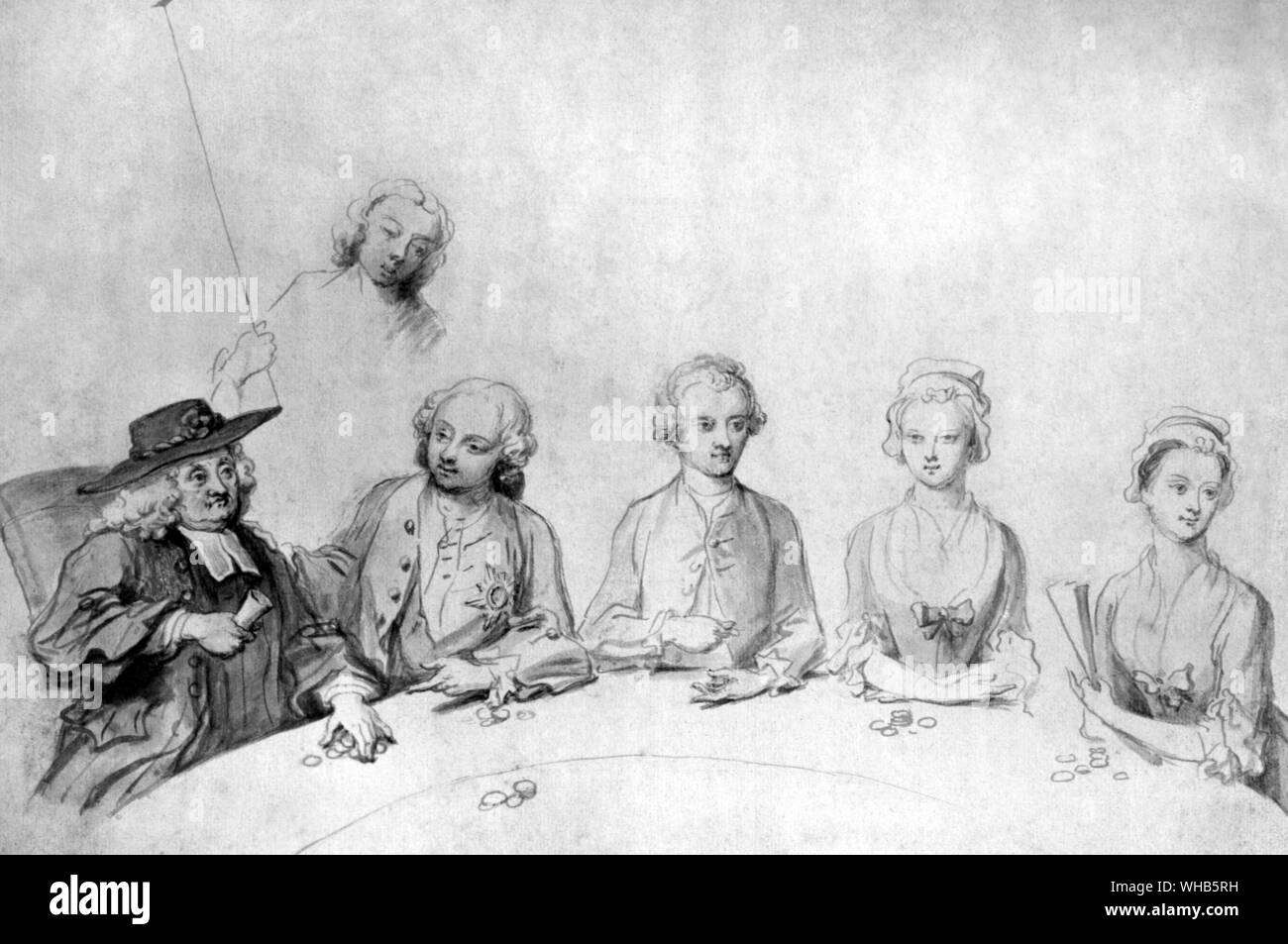 Drawing by William Hogarth : Men and Women sit Gambling at a Hazard Table . Frederick Lewis , Prince of Wales 1707 - 51 , Eldest son of George II and Queen Caroline . Frederick's eldest son became George III Stock Photo