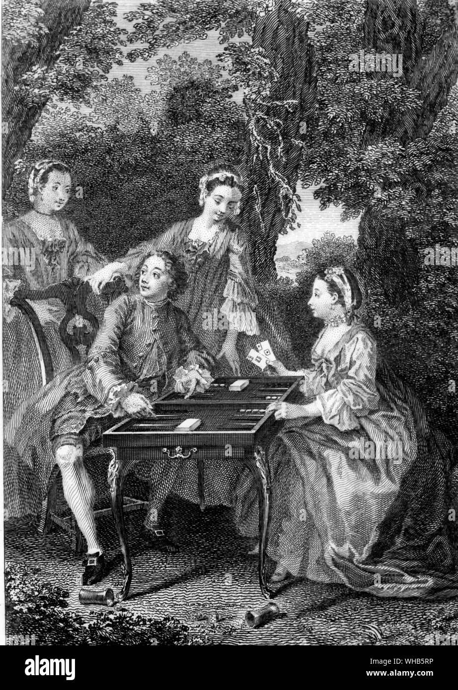 Engraving by A Walker : Card players on a Backgammon board Stock Photo