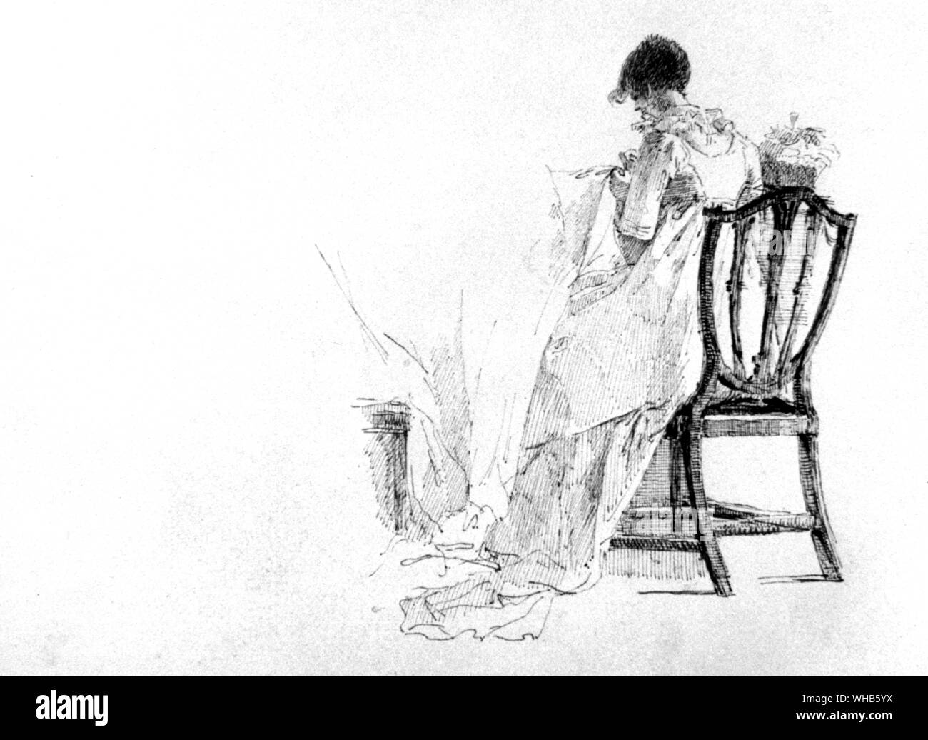 Probably Jesse Harden making a gown in 1804 (ref. Jane Austen). . Stock Photo