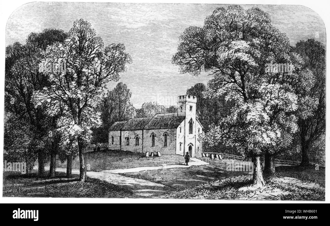 Chawton Church from Memoirs of Jane Austen by Edward Austen-Leigh - 1870, her nephew. The village of Chawton is nowadays invariably linked to the early 19thC novelist Jane Austen. Her brother Edward inherited the Chawton estate, taking the name Knight, and in July 1809 Jane with her mother and sister were offered a home in what is now a museum dedicated to her. Here she revised, or wrote all her novels and during that time worshipped regularly in St. Nicholas and often wrote of the church although because of the fire of 1871,the only part she would recognise today would be the chancel. Jane Stock Photo