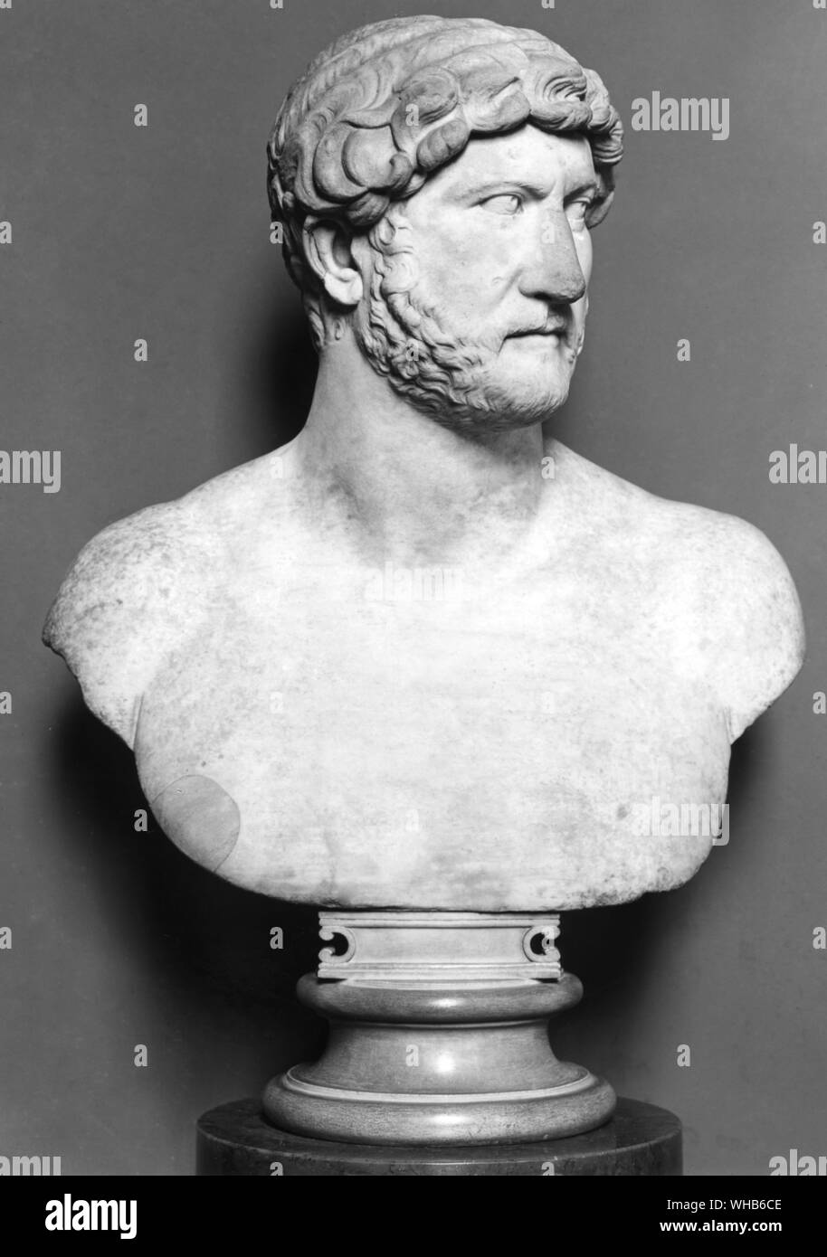 Bust of Hadrian - Publius Aelius Traianus Hadrianus (January 24, 76 - July 10, 138), known as Hadrian in English, was emperor of Rome from 117 A.D. to 138 A.D., as well as a Stoic and Epicurean philosopher. A member of the gens Aelia, Hadrian was the third of the Five Good Emperors. His reign had a faltering beginning, a glorious middle, and a tragic conclusion.. Stock Photo