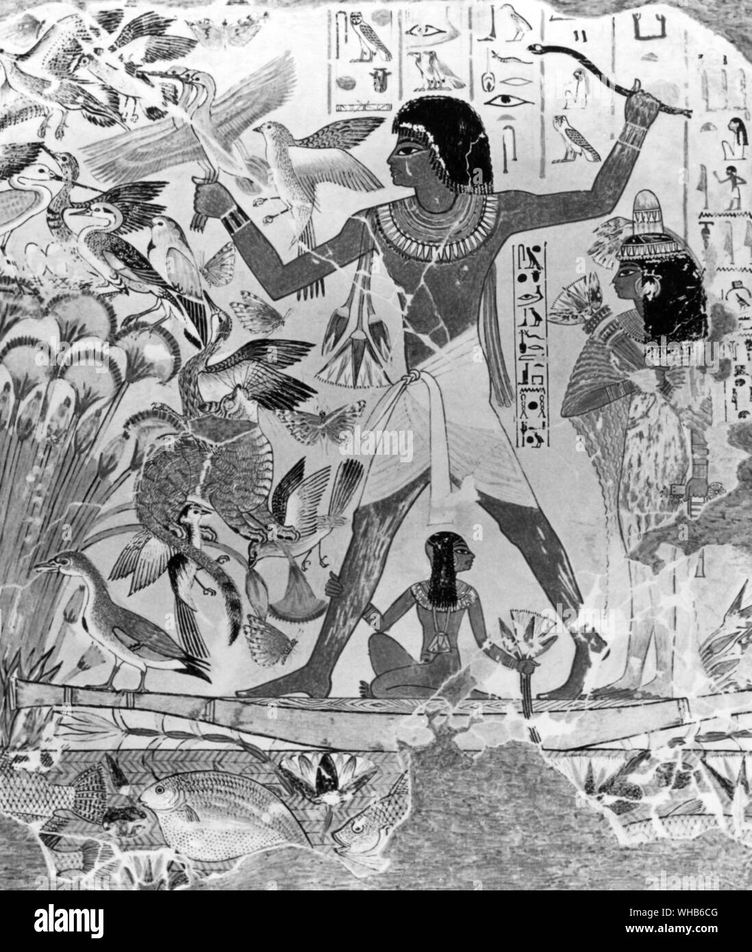 Fowling in papyrus marshes. Scene from tomb of Nebamun, Scribe of XVIII Dynasty.. Stock Photo