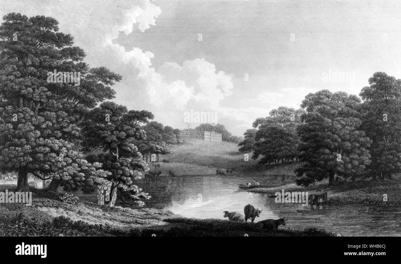 Dogmersfield House and Park, Hampshire - engraving after J. Landseer, early 19th century -. Mentioned in the Domesday Book in 1086, 'Doccemere feld' (Water lilies-in-the-lake) was the site of the original building, a medieval palace for the Bishops of Bath and Wells. It remained an ecclesiastical residence for 400 years until becoming a Crown property in the reign of Henry VIII. Henry's son Edward VI gave it to Lord Wriothsley, the first Earl of Southampton in the 16th century. The house was sold by the third Earl and passed through a number of different yeoman families. In 1728, some 50 Stock Photo