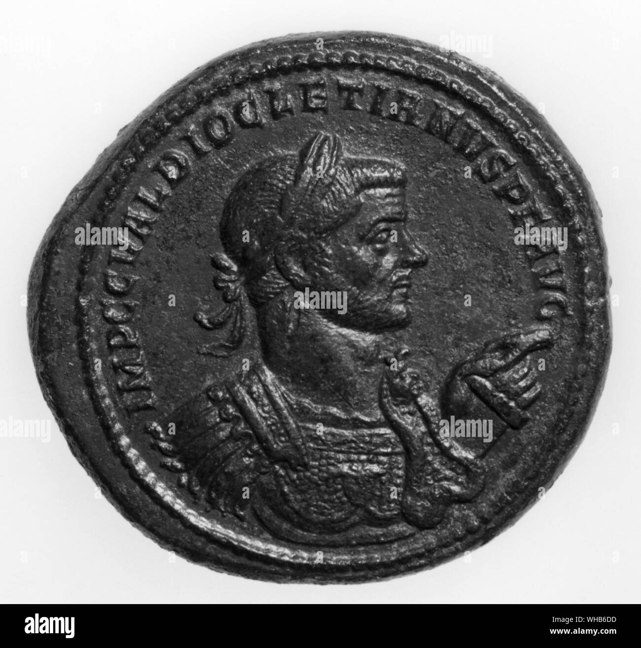 Coin of Diocletian - Gaius Aurelius Valerius Diocletianus (c. 236-316, born Diocles and known in English as Diocletian, was Roman Emperor from 20 November 284 to 1 May 305.. Stock Photo