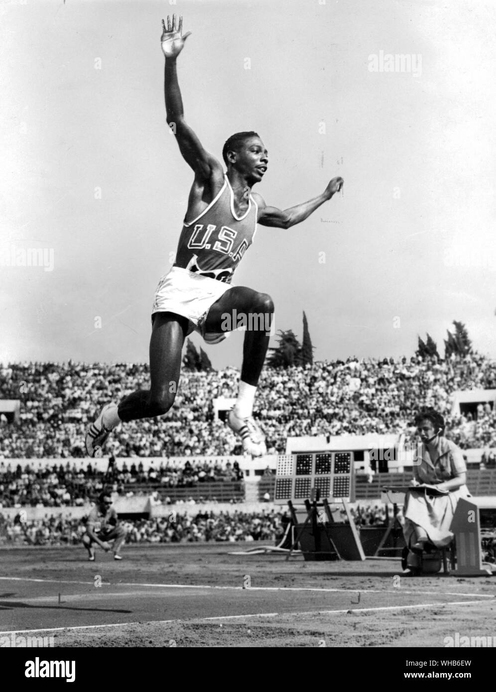 Italy, Rome, Olympic Games, 1960: Ira Davis (USA) competes in the final of the hop, step and jump. He came fourth with a distance of 53 feet 10 inches. Stock Photo