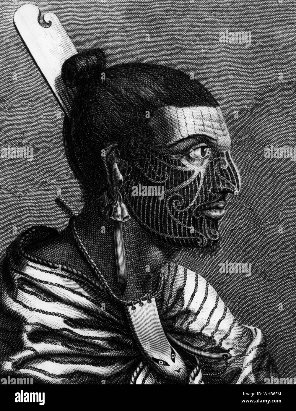 The head of a New Zealander , with comb in his hair .. From the Atlas to Cook's Voyages , Vol I . Stock Photo