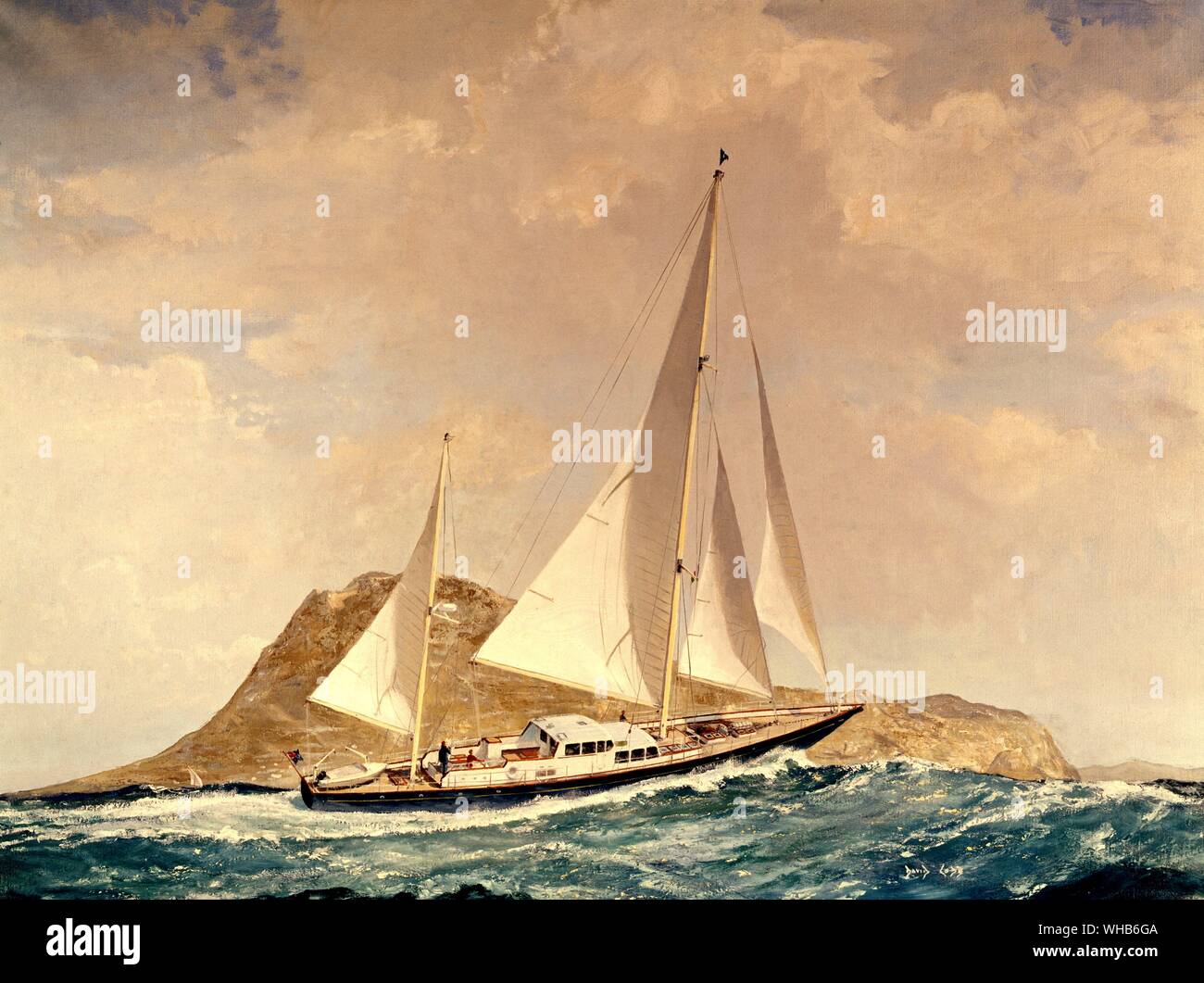 Motor-sailer Blue Leopard, one of the most adanced yachts of her type, of light displacement and high power engines, with high performances under both sail and power - painting by David Cobb. Stock Photo