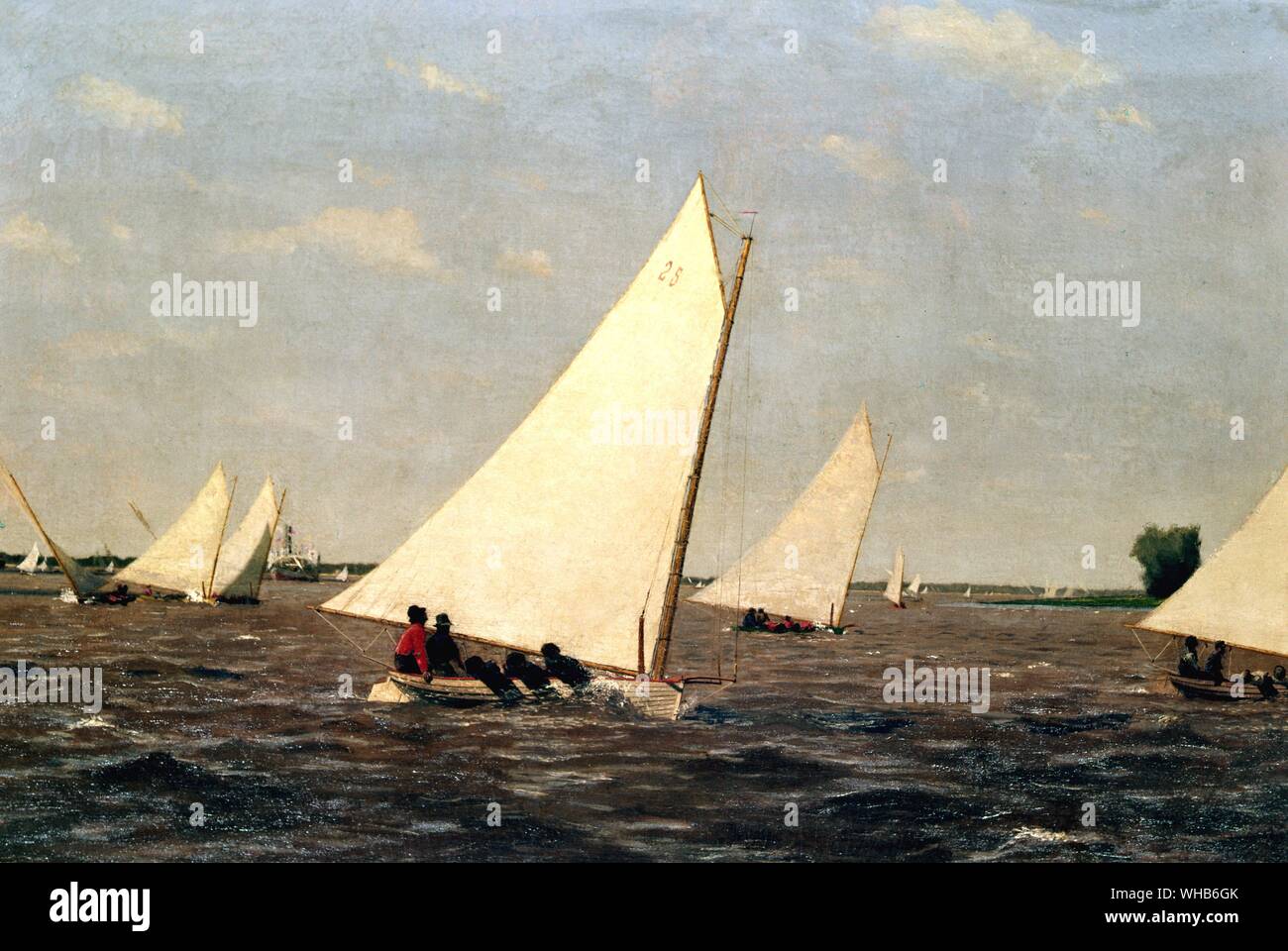 Catboats sailing on the Delaware, 1874 - painting by Thomas Eakins.. Thomas Cowperthwait Eakins (July 25, 1844 - June 25, 1916) was a painter, photographer, sculptor, and fine arts educator. He was one of the greatest American painters of his time, an innovating teacher, and an uncompromising realist. He was also the most neglected major painter of his era in the United States.. Stock Photo