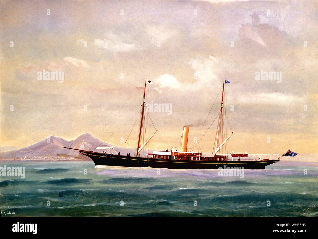 Steam yacht Zaza in the Bay of Naples - painting by Roberto.. Stock Photo