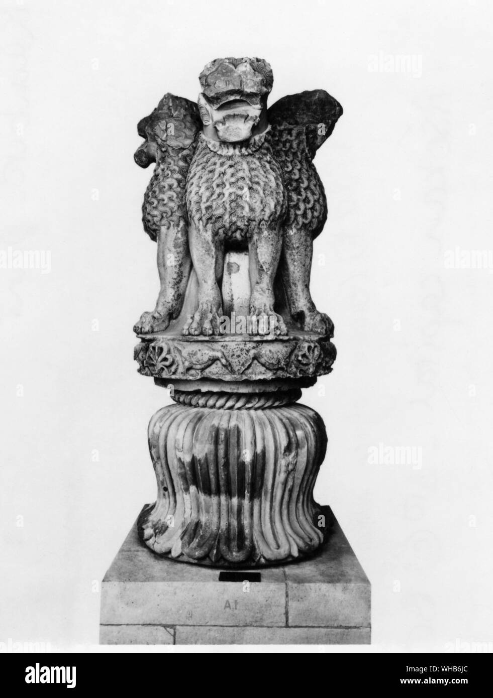 Azhokan monument - Asokan capital - 3rd century BC. The Lions from Sarnath, a monument from Ashoka period. This four-lion motif adorns the national seal of India.. Stock Photo