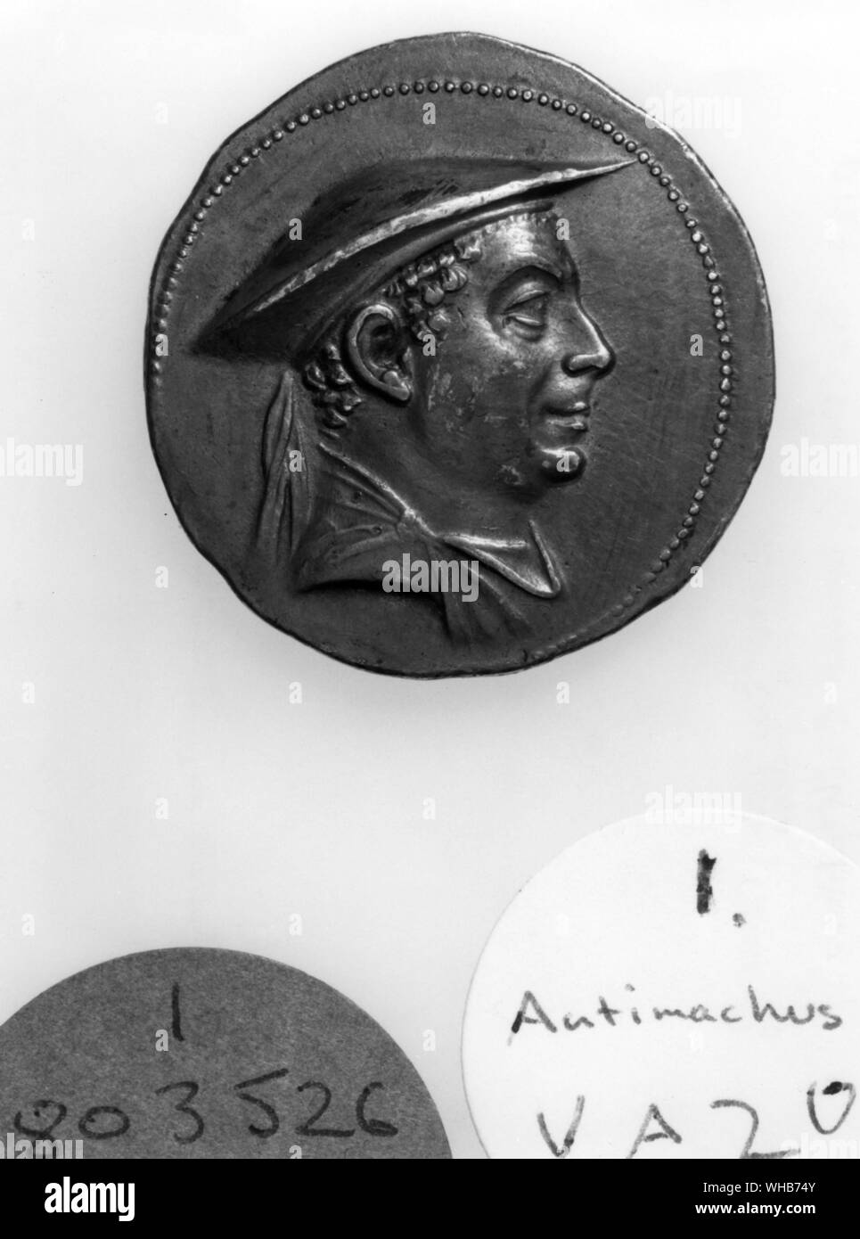 Coin of a Graeco-Bactrian ruler of north west India - Silver coin of Antimachus I (171-160 BC). Anthimachus I was one of the Greco-Bactrian kings from around 185 to 170 BC.. Obv: Bust of Antimachus I.. Rev: (not shown here) Depiction of Poseidon, with Greek legend BASILEOS TEOU ANTIMACHOU God-King Antimachus -. The Greco-Bactrian Kingdom (or Graeco-Bactrian Kingdom) covered the areas of Bactria and Sogdiana, comprising today's northern Afghanistan and parts of Central Asia, the easternmost area of the Hellenistic world, from 250 to 125 BCE. The expansion of the Greco-Bactrians into northern Stock Photo