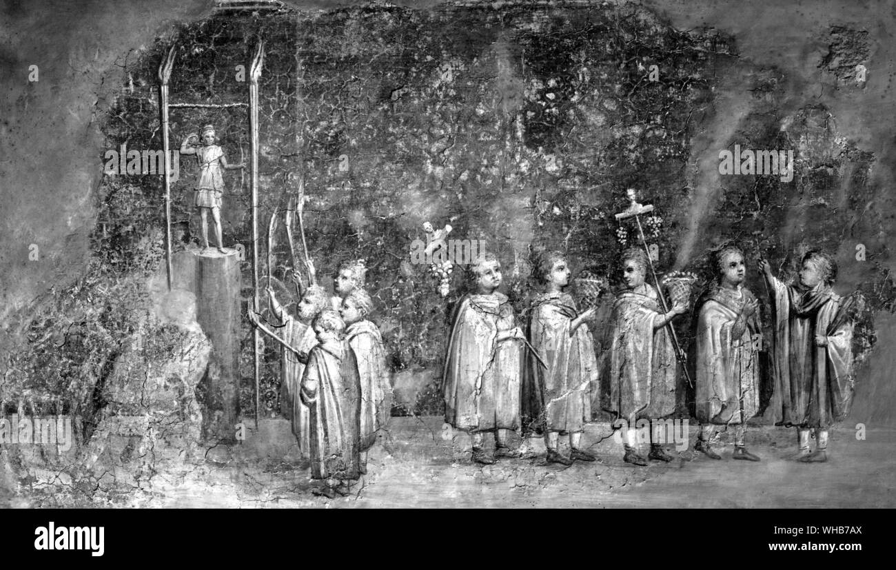 Diana goddess of nature is honoured at the vintage. Children with torches and offerings of grapes before an image of Diana. Wall painting from Ostia 1st century Vatican Rome Stock Photo