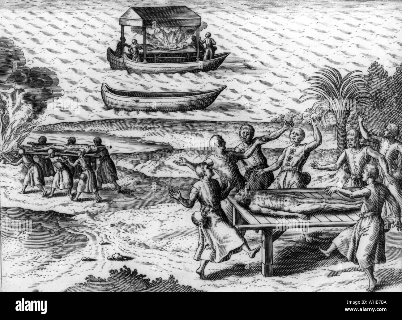 The body of the King burned for the good of the crops a report from India by 16th century traveller De Bry. The kings body taken out to sea and burnt on ship his ashes are brought back and sprinkled on the land . Stock Photo