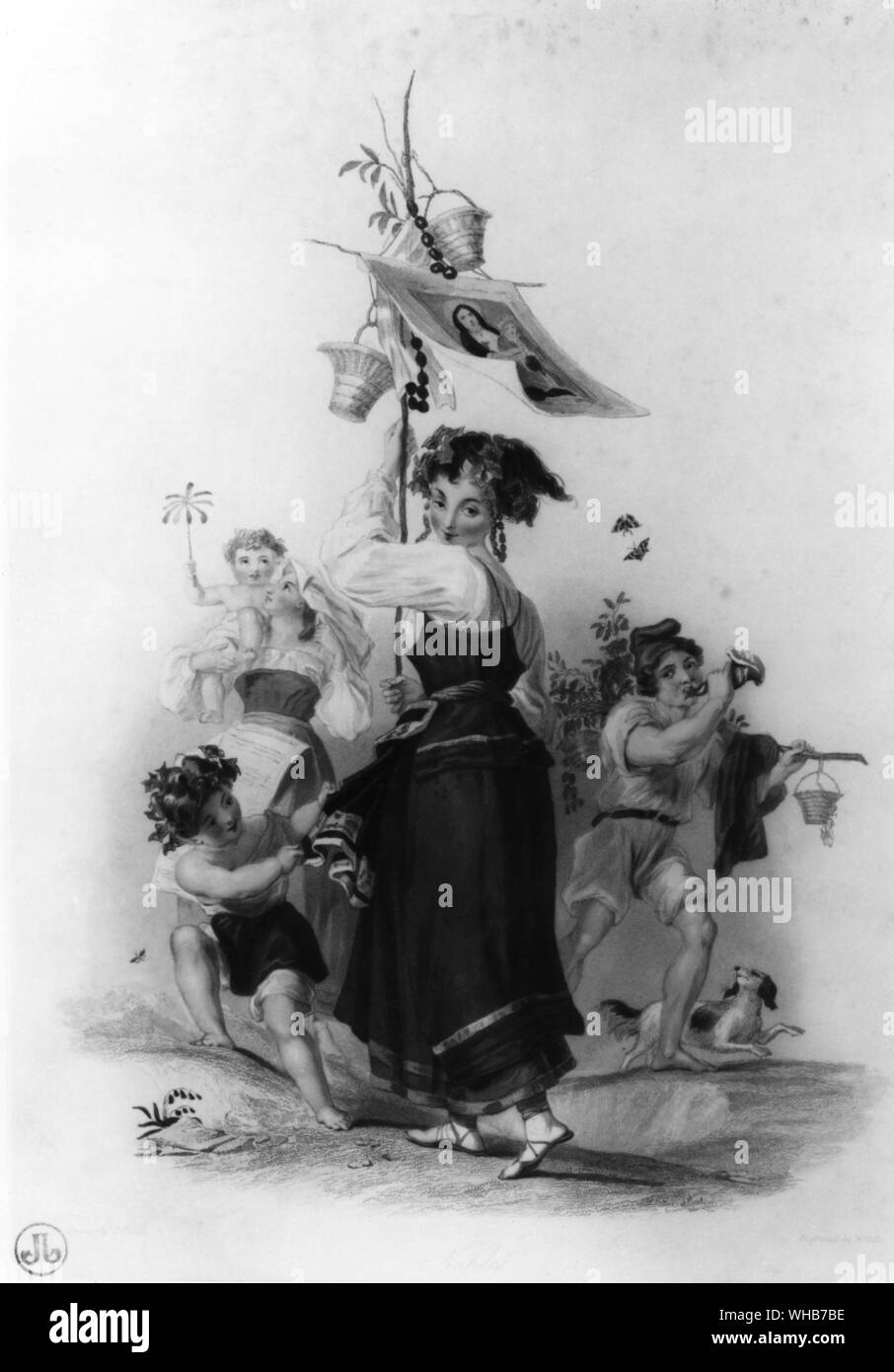 Tree worship and Christianity. This 19th Century Queen of May from the Mediterranean carries a picture of the Virgin Mary and a rosary on her Maypole. The old pagan festival has acquired a Christian element Stock Photo