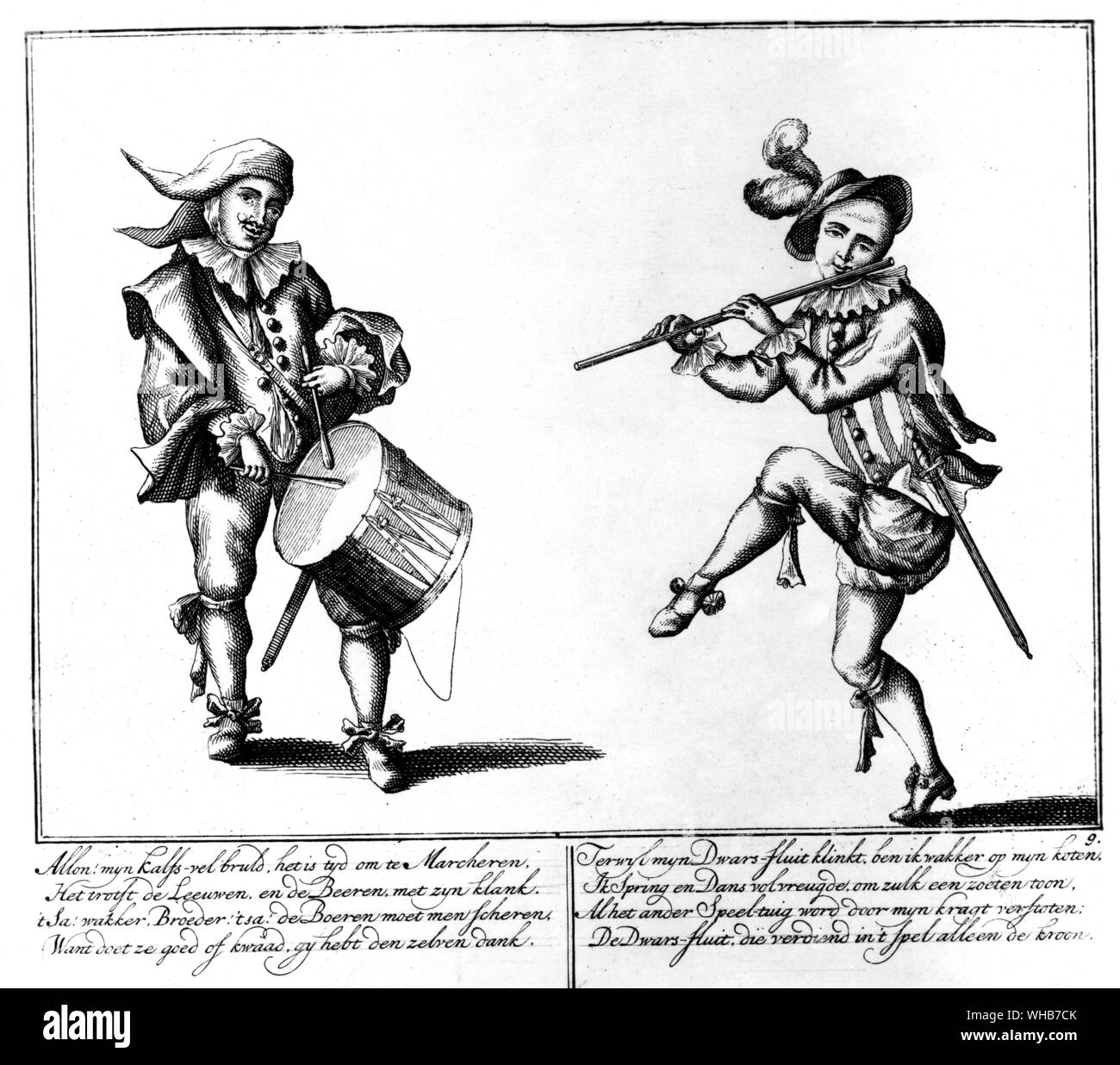 Two figures from a series representing actions of the Commedia dell'arte . Stock Photo