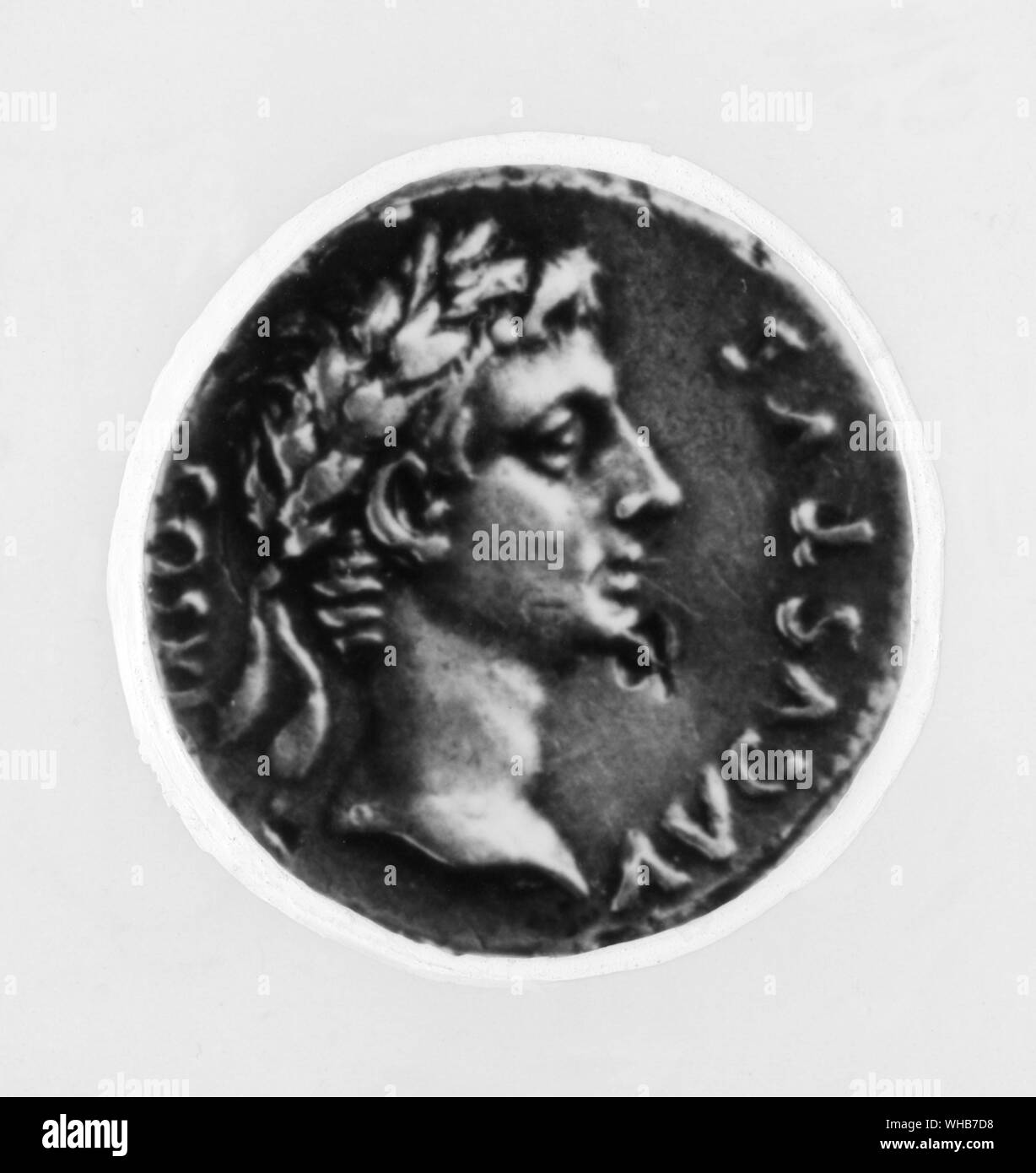 Augustus son of the deified Caesar wearing the laurel wreath an attribute of the gods. Roman Coin. Stock Photo