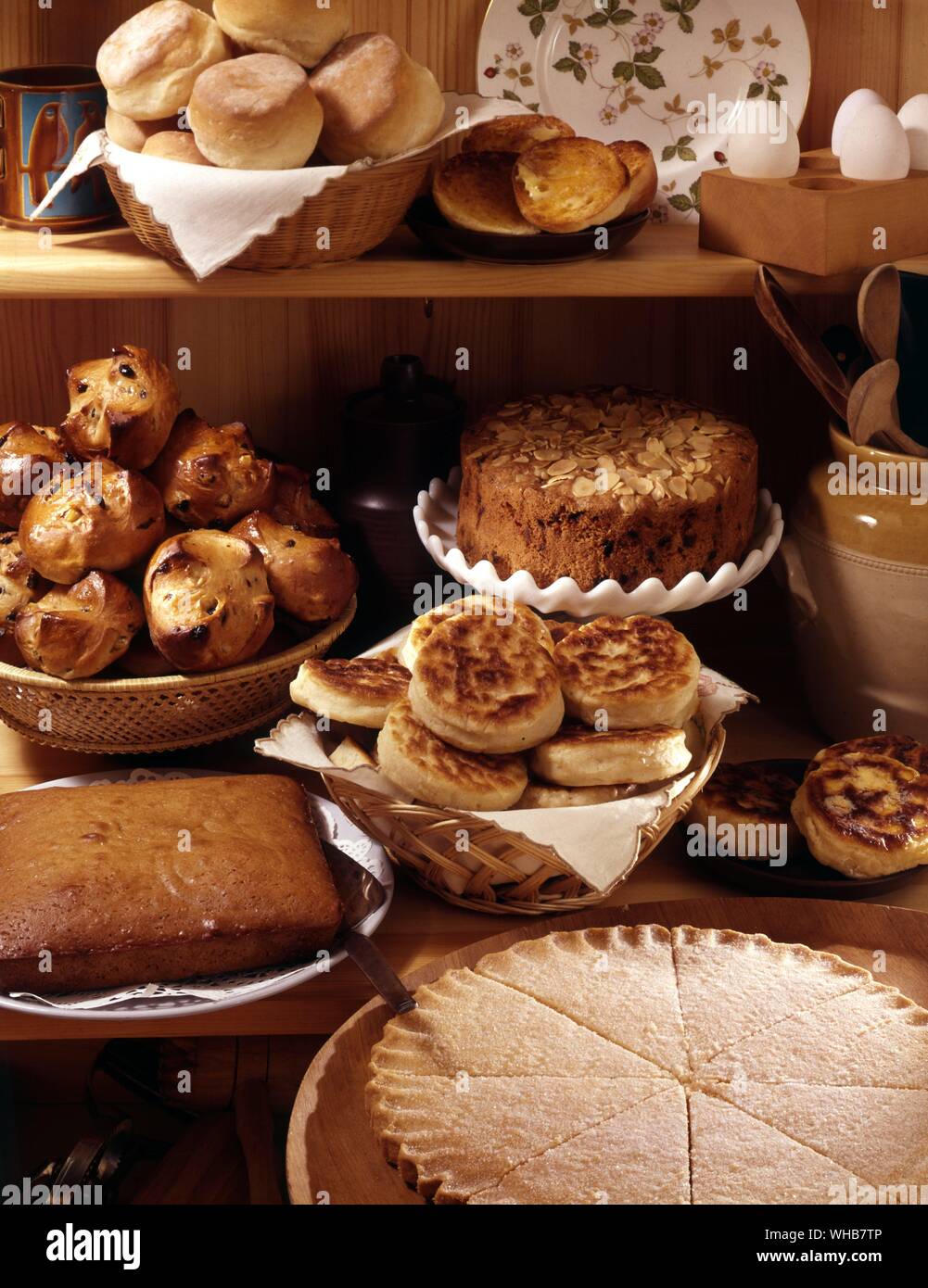 Selection - scones, biscuits, cakes, crumpets, pie.. Stock Photo