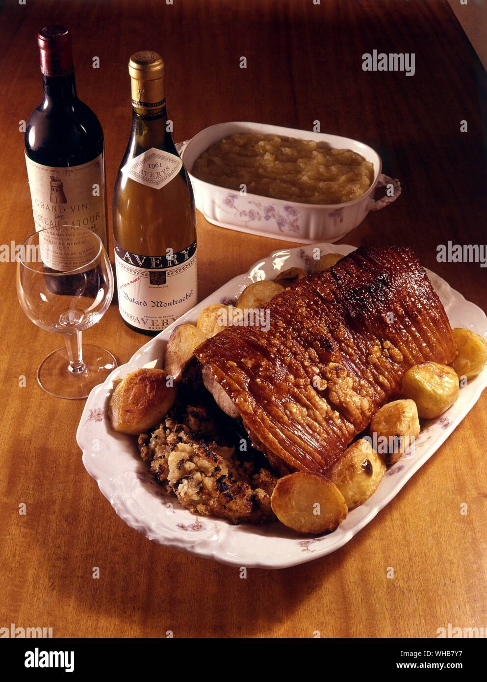 Roast pork with apple sauce. Stock Photo