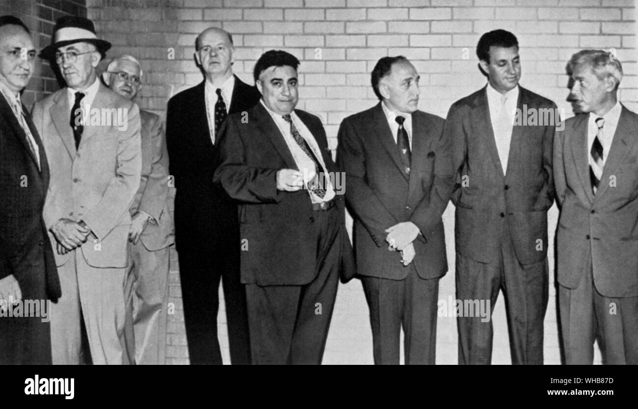 Brinks Robbery 1950. Eight of the eleven men involved in the robbery photographed on their conviction of 1956. left to right Michael V Geagen James I Faherty Thomas F Richardson Joseph F McGinnis Anthony Pino Vincent J Costa Adolph Maffie Henry Baker . . The Great Brink's Robbery was an armed robbery of the Brinks Building in Boston, Massachusetts, USA Stock Photo