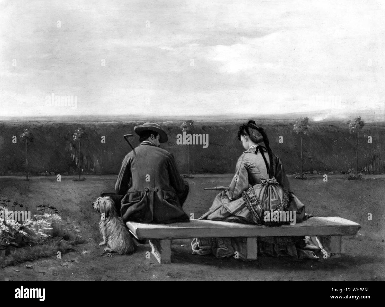 Daily Life -Painting by Eyre Crowe (1824-1910) - Bench by the Sea. Stock Photo