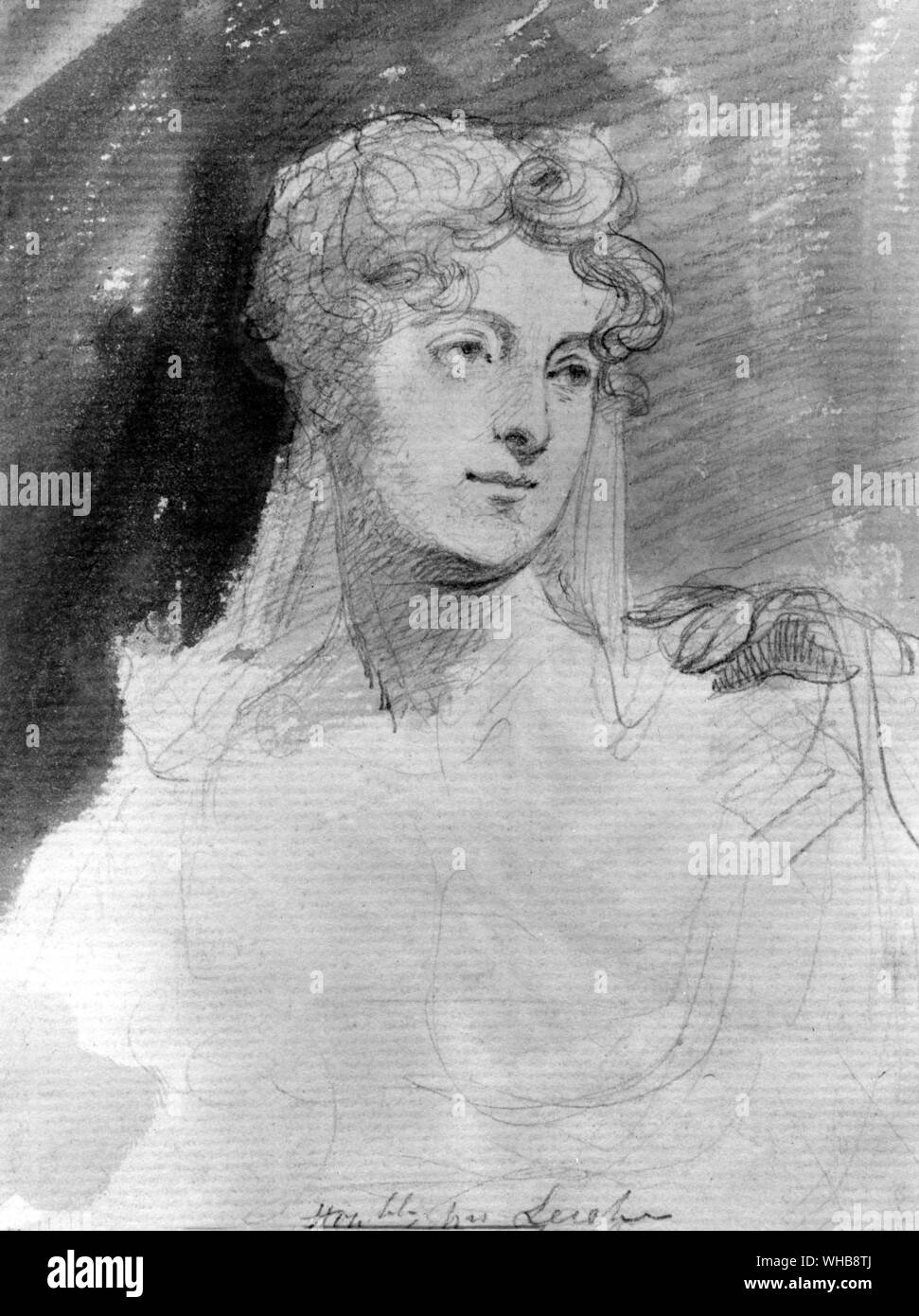 Augusta Leigh, by Sir George Hayter in pencil and indian ink - The Brtish Museum, London (J. B. Freeman) - The Honourable Augusta Byron, later The Honourable Augusta Leigh (January 26, 1783 - October 12, 1851), was the only daughter of John Mad Jack Byron, the poet Lord Byron's father, by his first wife.. Stock Photo