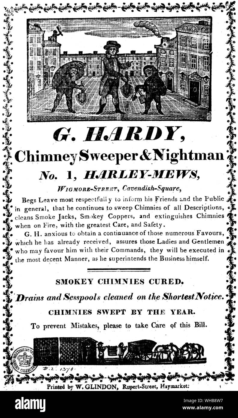 G. Hardy's trade card - chimney sweeper & nightman, no. 1, Harley-Mews, Wigmore-Street, Cavendish-Square, London. - in The British Museum, London (Print Room) (J. R. Freeman).. Stock Photo
