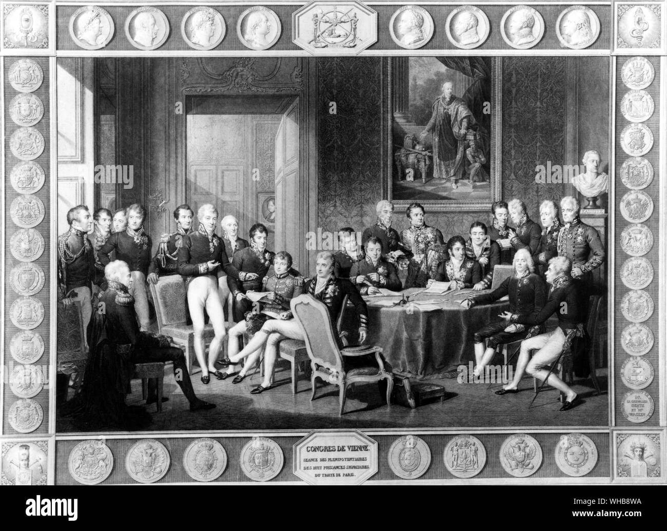 The Congress of Vienna 1815 engraved in 1819 by Jean Godefrey after Jean Baptiste Isabey - in the British Museum, London (Print Room) (J. R. Freeman) - The Congress of Vienna was a conference between ambassadors, from the major powers in Europe that was chaired by the Austrian statesman Klemens Wenzel von Metternich and held in Vienna, Austria, from November 1, 1814, to June 8, 1815.. Its purpose was to settle issues and redraw the continent's political map after the defeat of Napoleonic France the previous spring, which would also reflect the change in status by the dissolution of the Holy Stock Photo