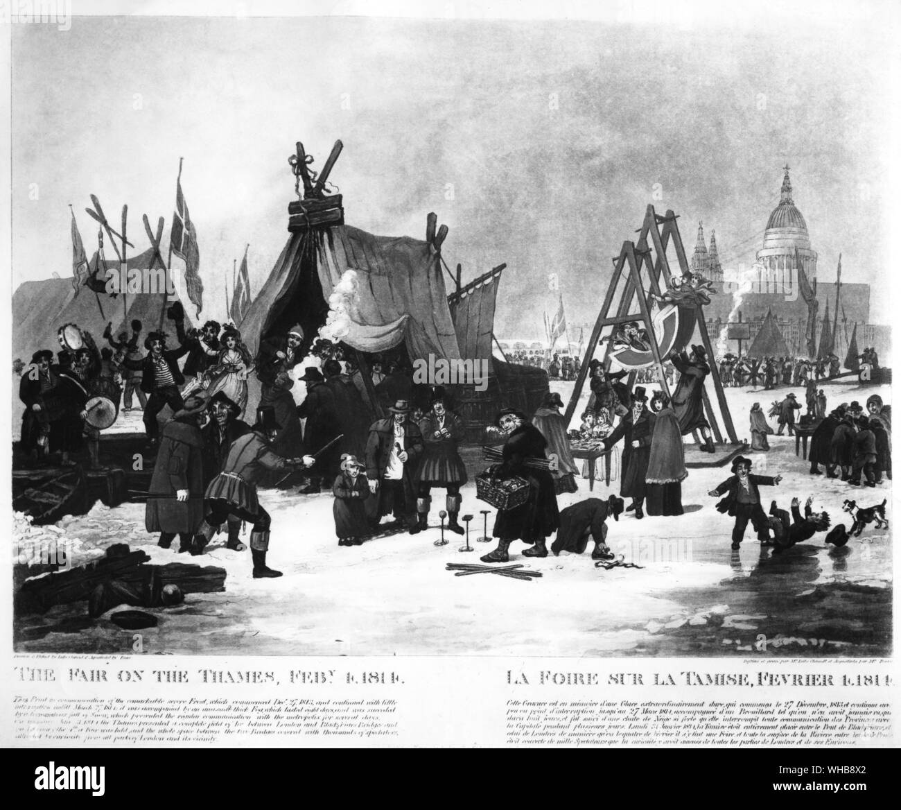 The Fair on the Thames, February 4th 1814, by Luke Clenell. - mezzotint in The British Museum, London (Print Room) (J. R. Freeman) - Description: Before the demolition of the old London Bridge in 1831, the Thames sometimes froze over during particularly cold winters. Spontaneous 'frost fairs' would follow, as people took to the ice for entertainment, and traders set up stalls. This lively scene from the last great frost fair of 1813-14 shows a real fairground atmosphere, with musicians, refreshment tents and children playing. While the fairs were a delight for most Londoners and a great Stock Photo