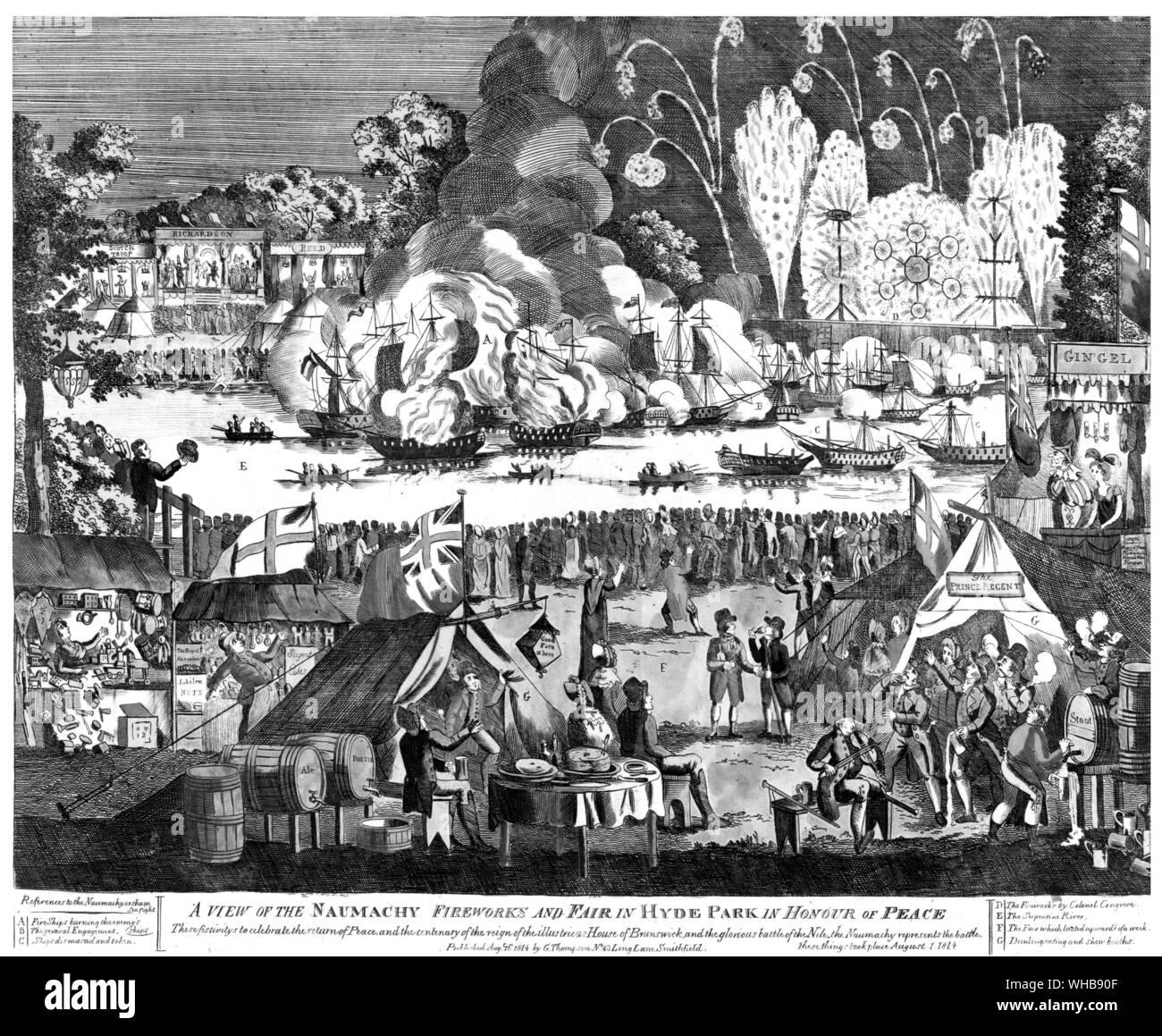 A view of the Naumachy fireworks and fair in Hyde Park in honour of peace. These festivities to celebrate the return of peace and the centenary of the reign of the illustrious House of Brunswick and the glorious Battle of the Nile - the Naumachy represents the battle. Published 1814 by G. Thomson, No. 43 Long Lane, Smithfield, London.. Stock Photo