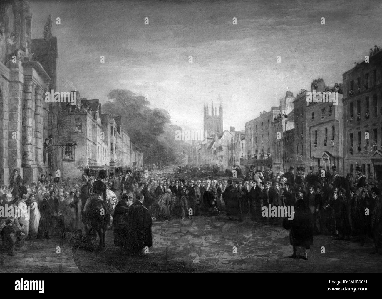 The Reception of the Prince Regent in the High Street, Oxford, 14 June 1814, engraving by George Jones, oil on canvas in Magdalen College, Oxford.. Stock Photo