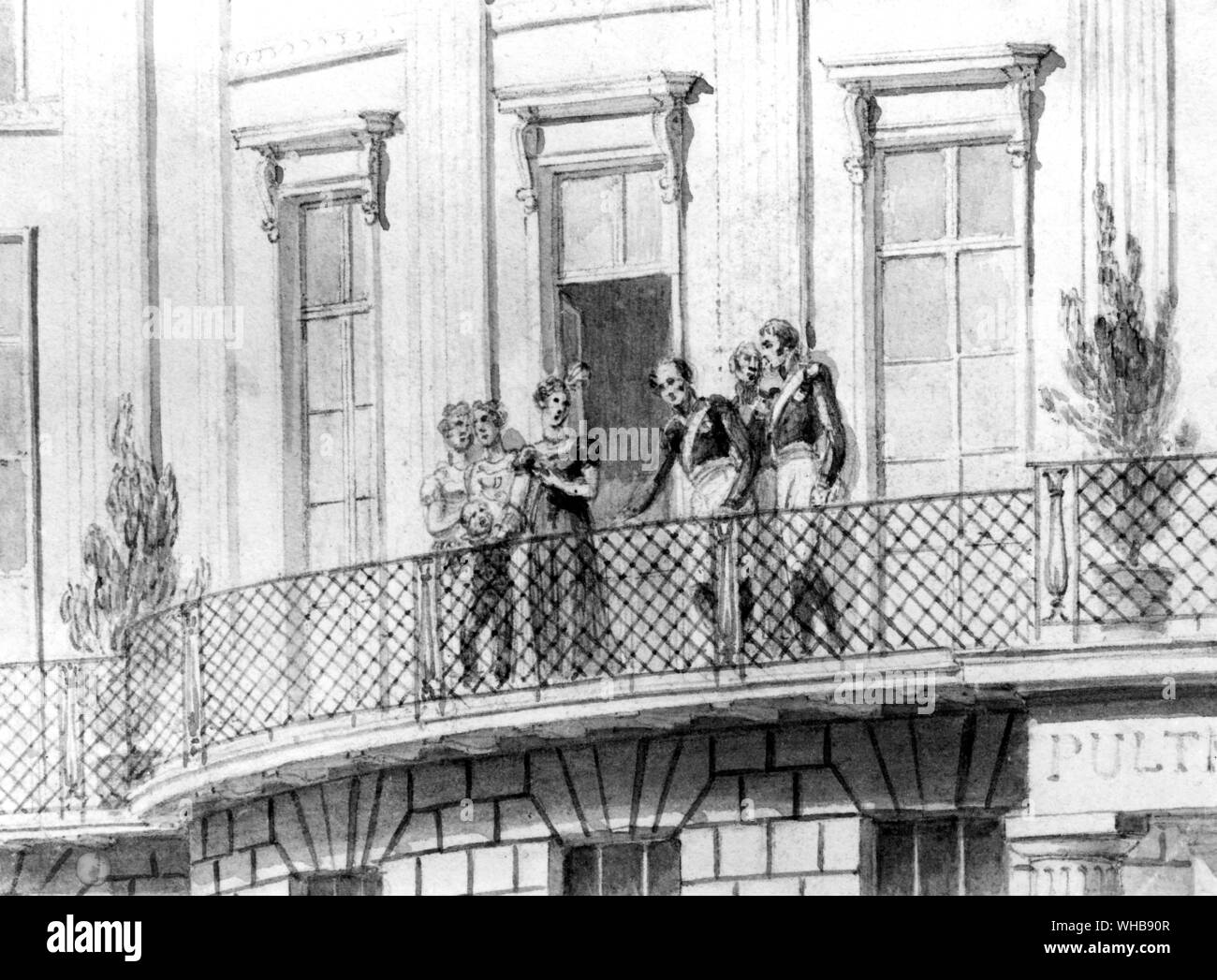The Czar of Russia and his sister the Grand Duchess Catherine of Oldenburg with friends on the balcony of Pulteney's Hotel - watercolour in The British Museum, London (Print Room) (J.R. Freeman). Stock Photo
