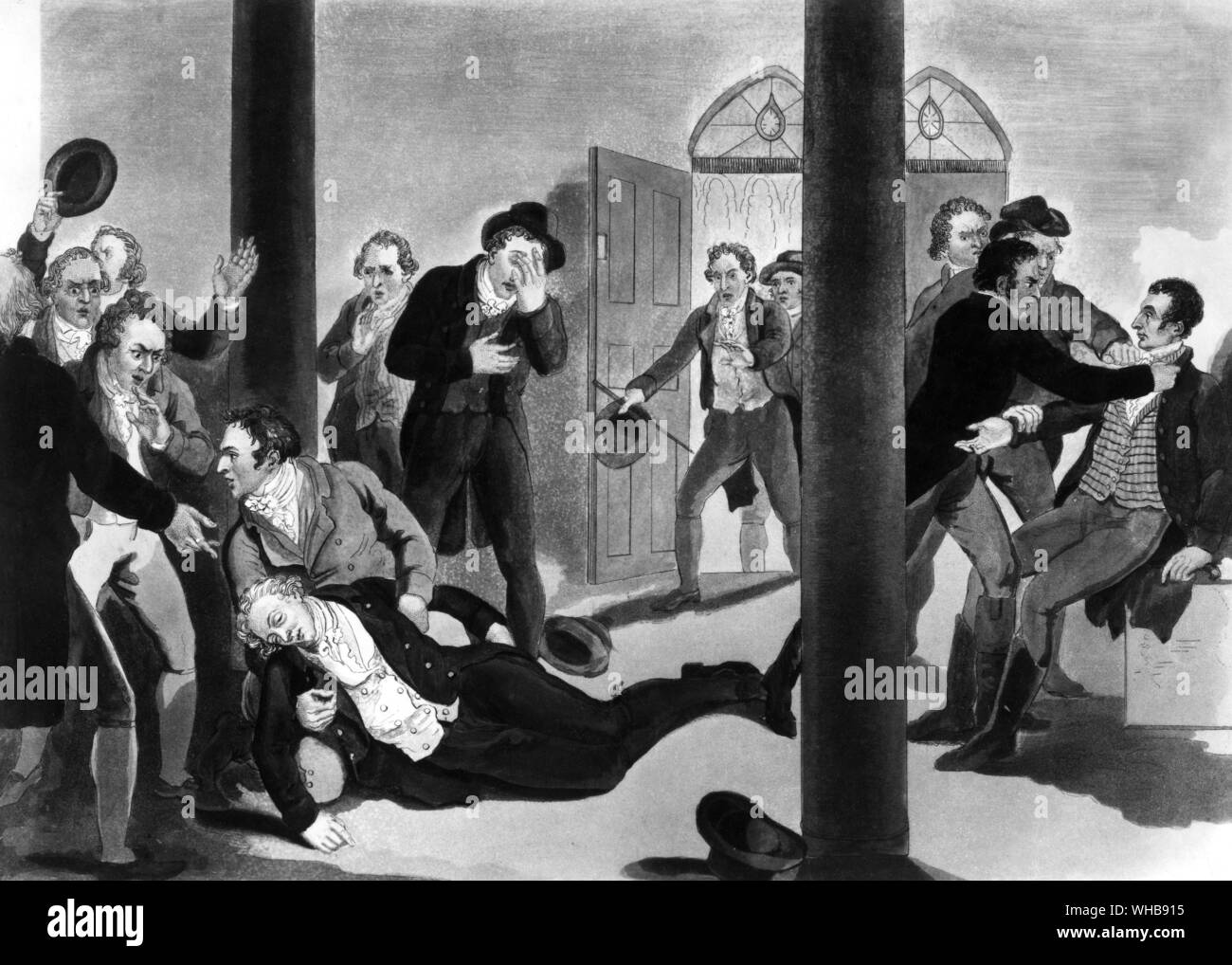 The assassination of the Right Hon. Spencer Perceval - in the lobby leading to the House of Commons 11 May 1812.. On 11 May 1812, while on his way to take part in a debate on the Orders in Council passed by Portland's ministry, Perceval was shot in the lobby of the House of Commons by John Bellingham. Bellingham, who had been trying unsuccessfully to obtain government compensation for debts incurred while he was in Russia, gave himself up immediately. He was tried at the Old Bailey and condemned to death: he was executed on 18 May 1812. Perceval was buried in the family vault in St. Luke's, Stock Photo