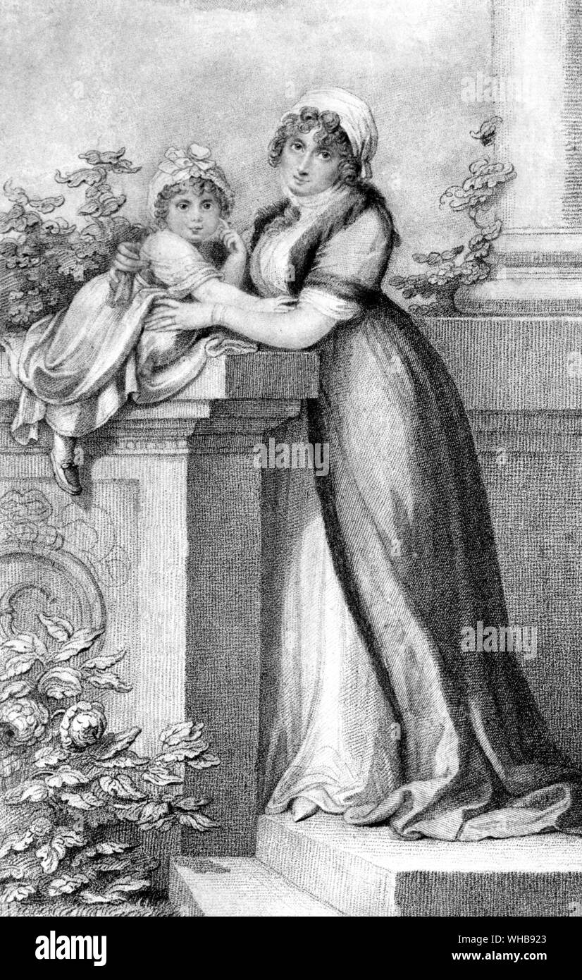 Her Royal Highness Caroline, Princess of Wales, and her daughter Princess Charlotte, by Francesco Bartolozzi after Richard Cosway, engraving in the Brighton Pavilion. She was the only British Queen to be tried for adultery.. Stock Photo