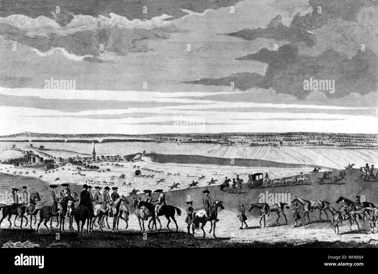 Newmarket - A view of Noblemen and Gentlemen several strings or trainers of running horses taking their exercise on the Watering Course , on the Warring hill . Print after Tillemans Stock Photo