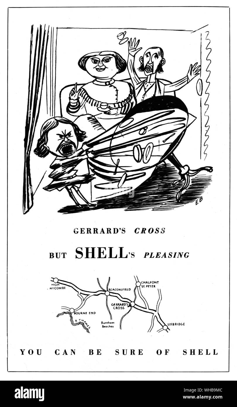 Cartoon - Advertisement Gerrard's Cross but Shell's pleasing - You can be sure of Shell. Stock Photo