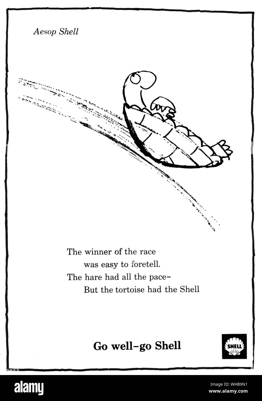 Cartoon - Advertisement - The winner of the race was easy to foretell. The hare had all the pace - but the tortoise had the Shell. - Go well with Shell. Stock Photo