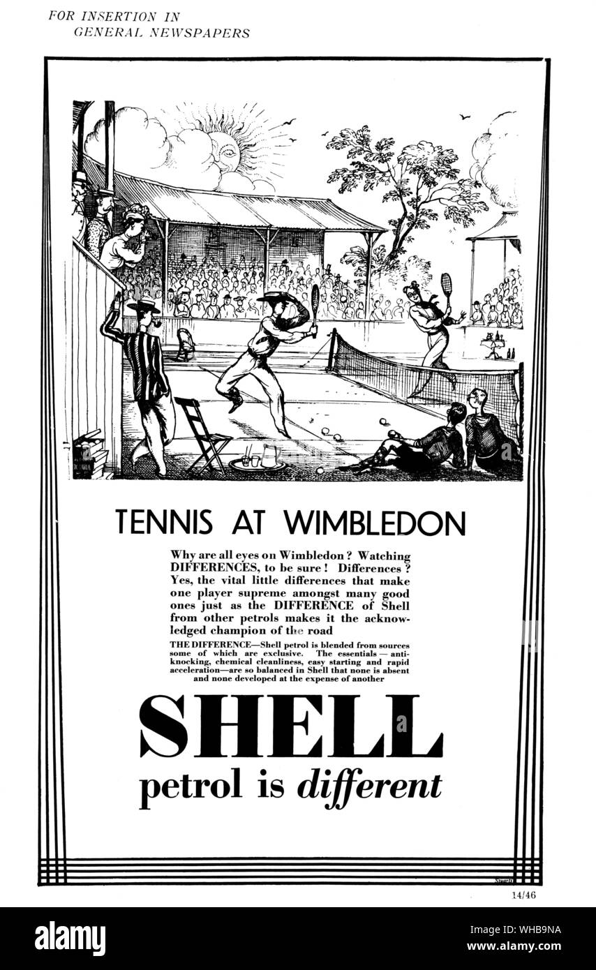 Cartoon - Advertisement - Tennis at Wimbledon - SHELL petrol is different. Stock Photo