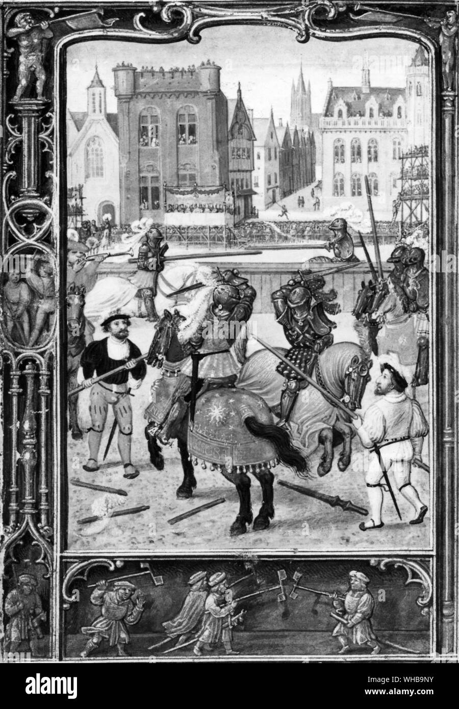 A Tournament : Jousting was one of Francois I's favourite pastimes . From an early 16th Century miniature Stock Photo