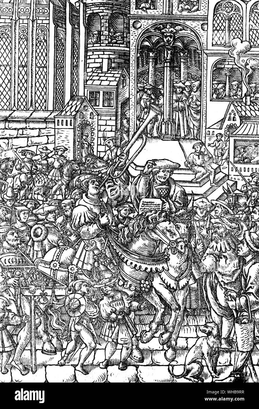 Woodcut by Geoffroi Tory showing an edict against heretics - Praxis Criminis persequendi (1541) Stock Photo