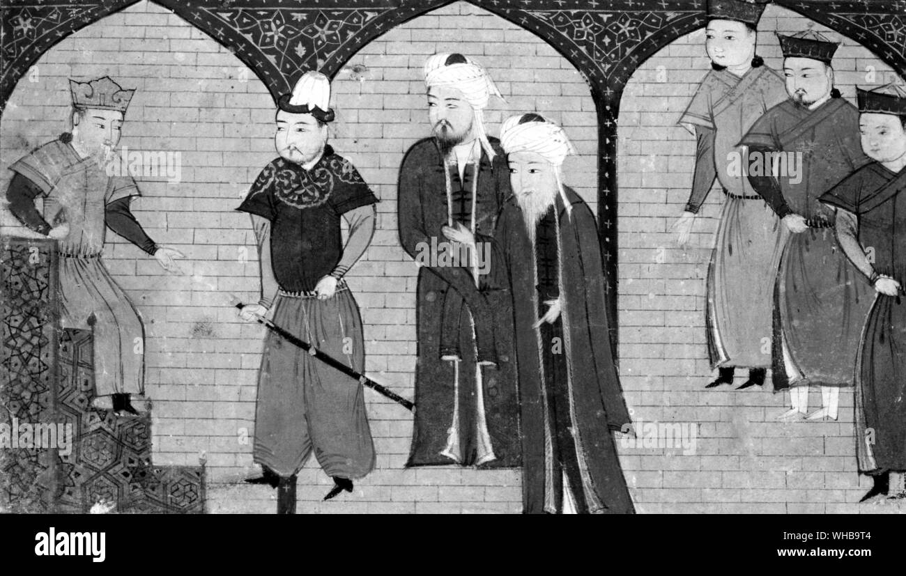 Genghiz Khan receiving dignitaries after his capture of Bukhara : from a 14th Century Persian manuscript by Rashid ad-Din. Stock Photo