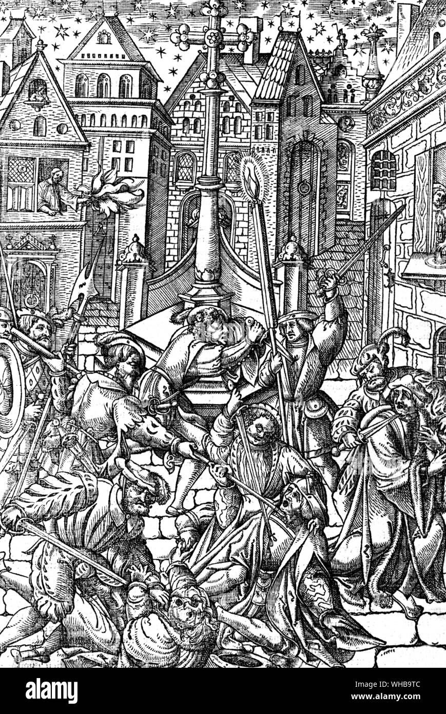 Woodcut by Geoffroi Tory showing heretics as victims of a massacre at night. . Praxis Criminis Persequendi Stock Photo