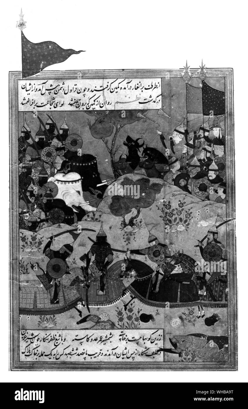 Tamerlane in battle against an Indian army , whose elephants he took back to Samarkand for building mosques and tombs : a minature from a Moghul copy of a Zafar-nama , 1546 Stock Photo