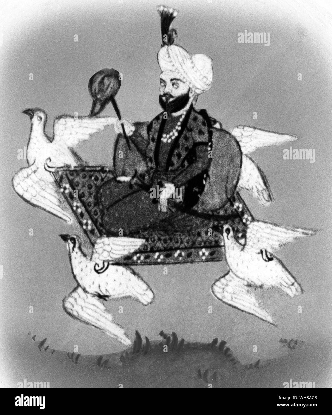 A Flying carpet borne by doves: Ilumination from Tarikh-i-shamshir khani , Indian MS Stock Photo