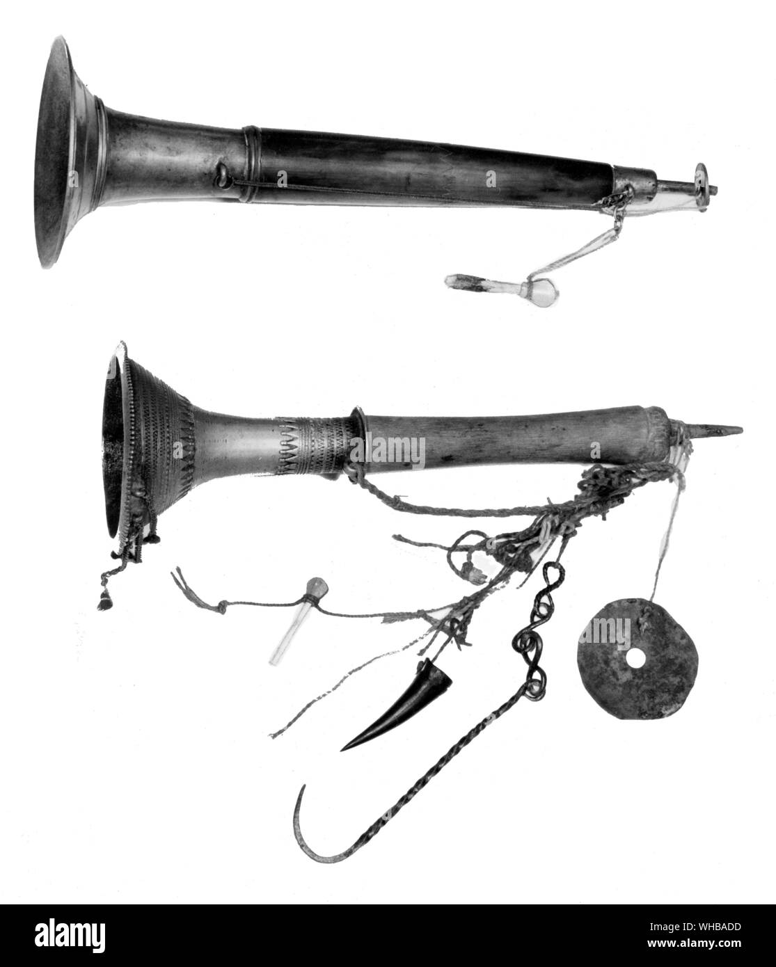 Ceylon version of the Indian Clarinet ( top ) and a shawm or Indian Clarinet 10 1/2 inches or 26.6 cm. E O Pogson Collection Stock Photo